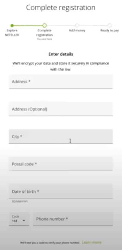 Druhý krok registračního formuláře Neteller