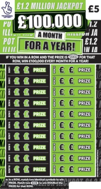 Sample of an uncut scratchcard £100,000 A Month For A Year