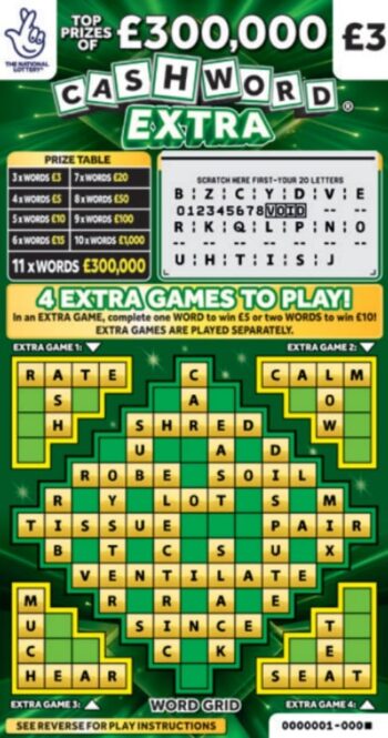 Sample of a cut lottery ticket Cashword Extra