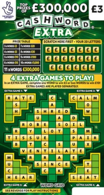 Sample of an uncut lottery ticket Cashword Extra