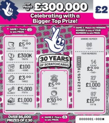 Sample of a scratched scratch card £300,000 Birthday