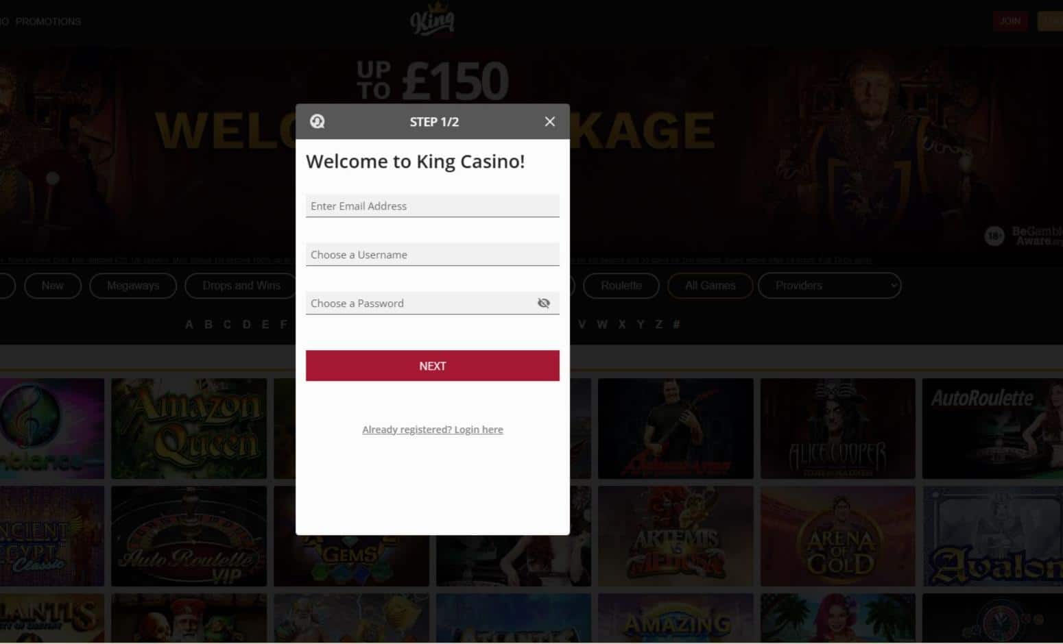First step in registration proccess in King Casino