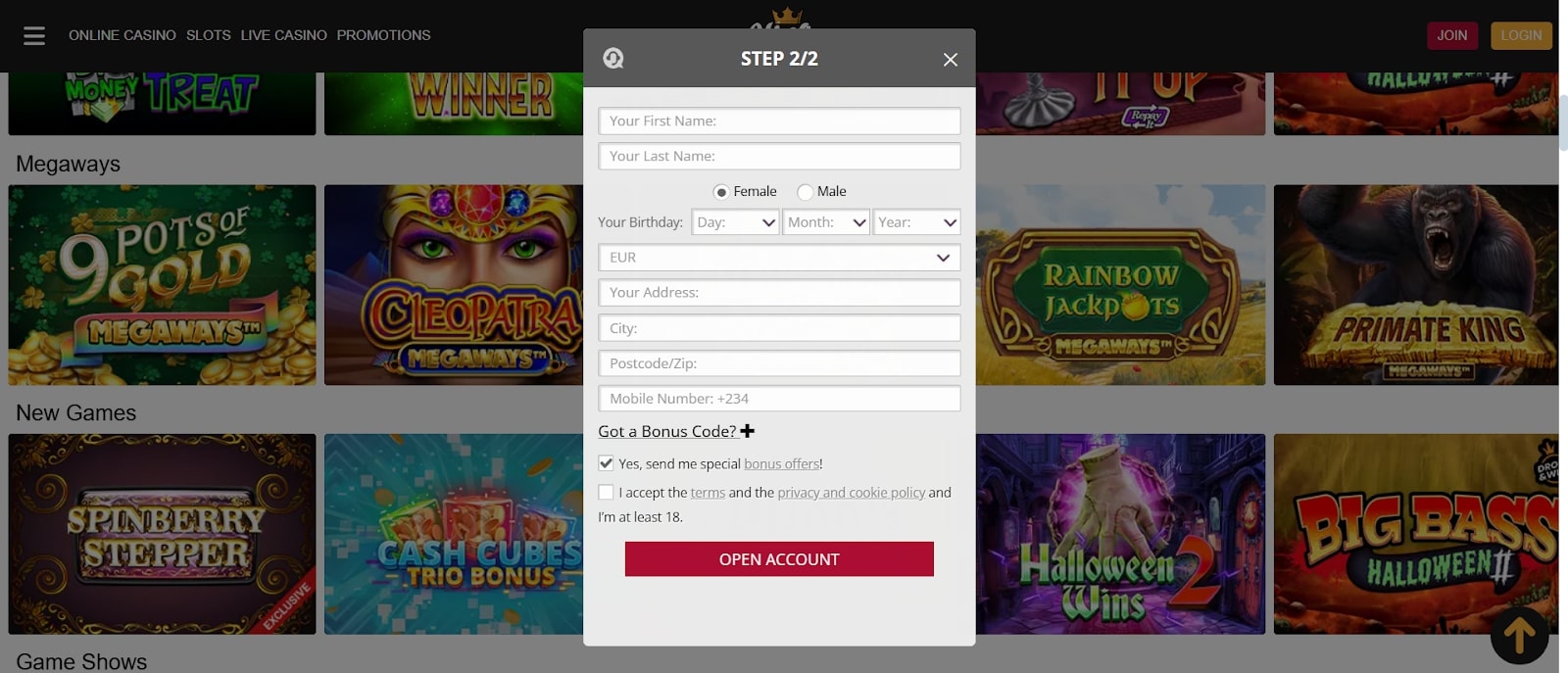 Second step of registration in king casino