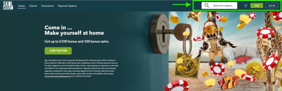 Register or Log in at Skol Casino