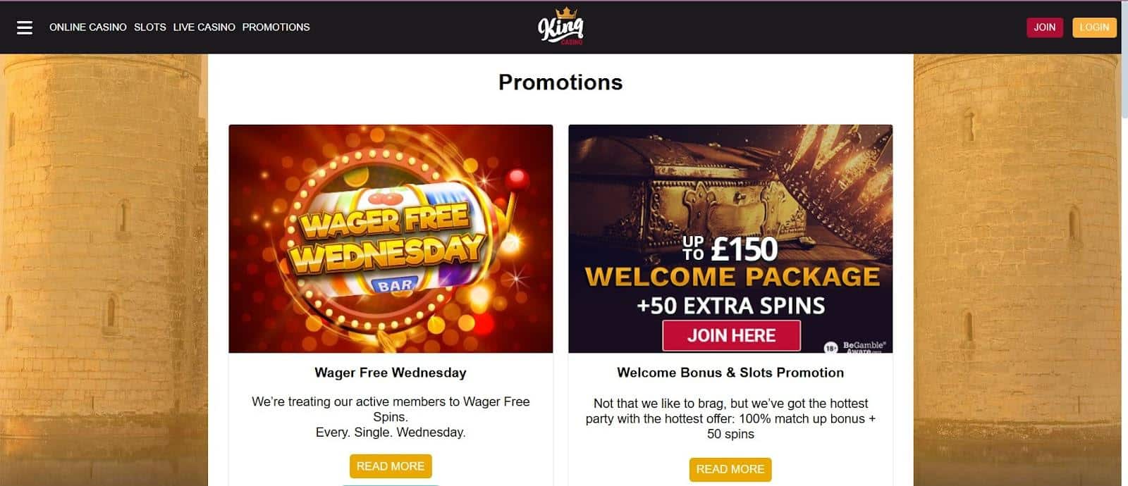Display of King Casino Bonuses and Promotions menu