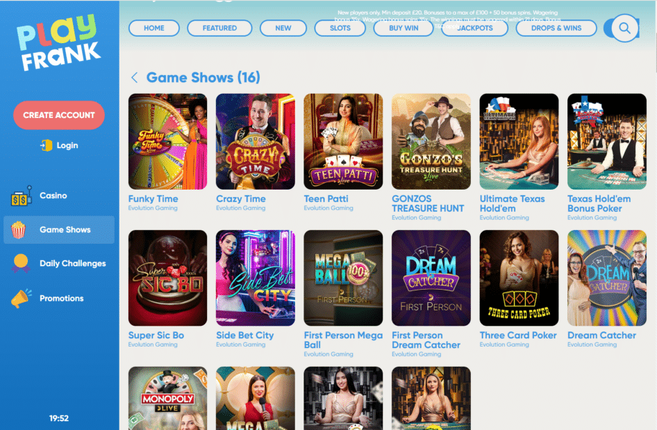 PlayFrank live casino section