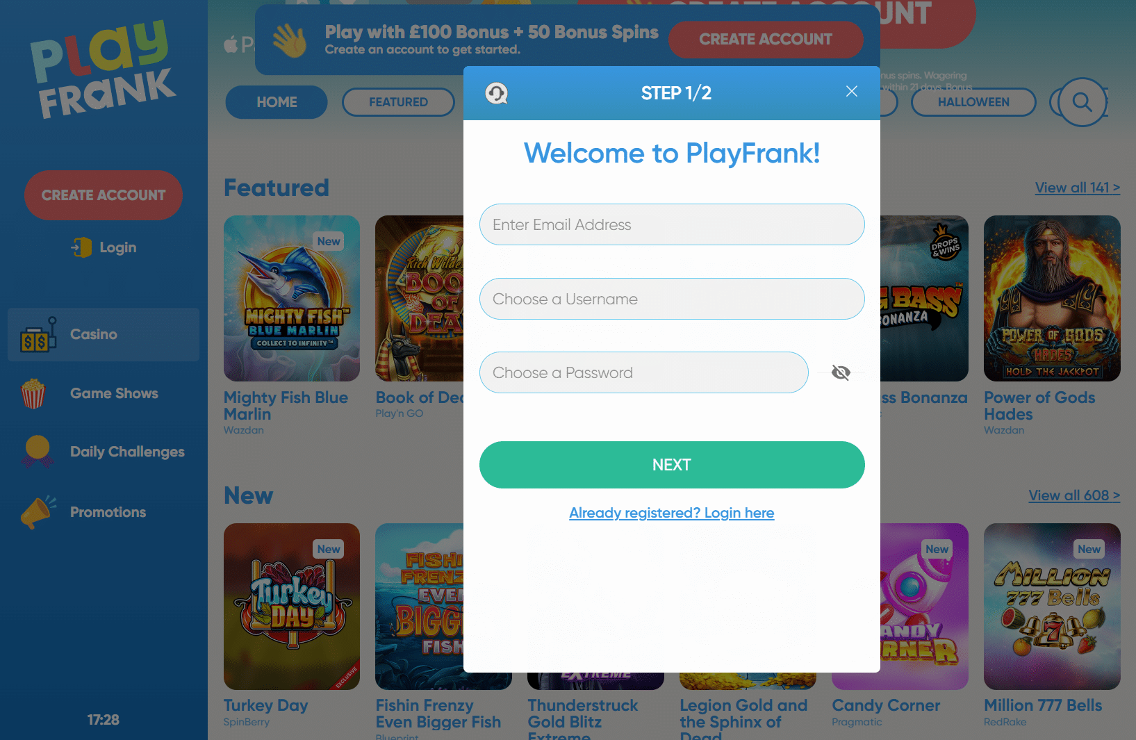 PlayFrank registration screen