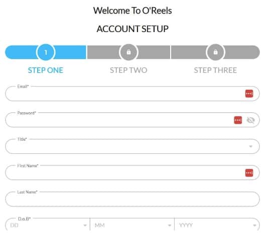 O'Reels casino Sign up page