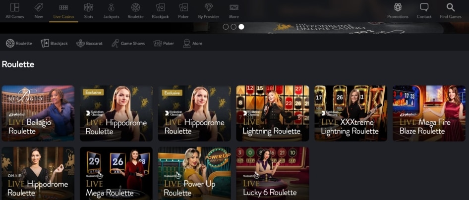 LIve Casino Games at Hippodrome Casino Showing Roulette, Blackjack, Poker, and Game Show Releases