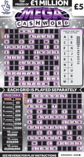 Sample of a cut lottery ticket Mega Cashword