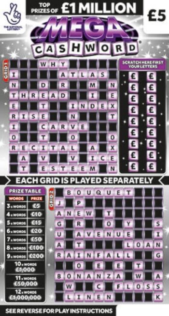Sample of an uncut lottery ticket Mega Cashword