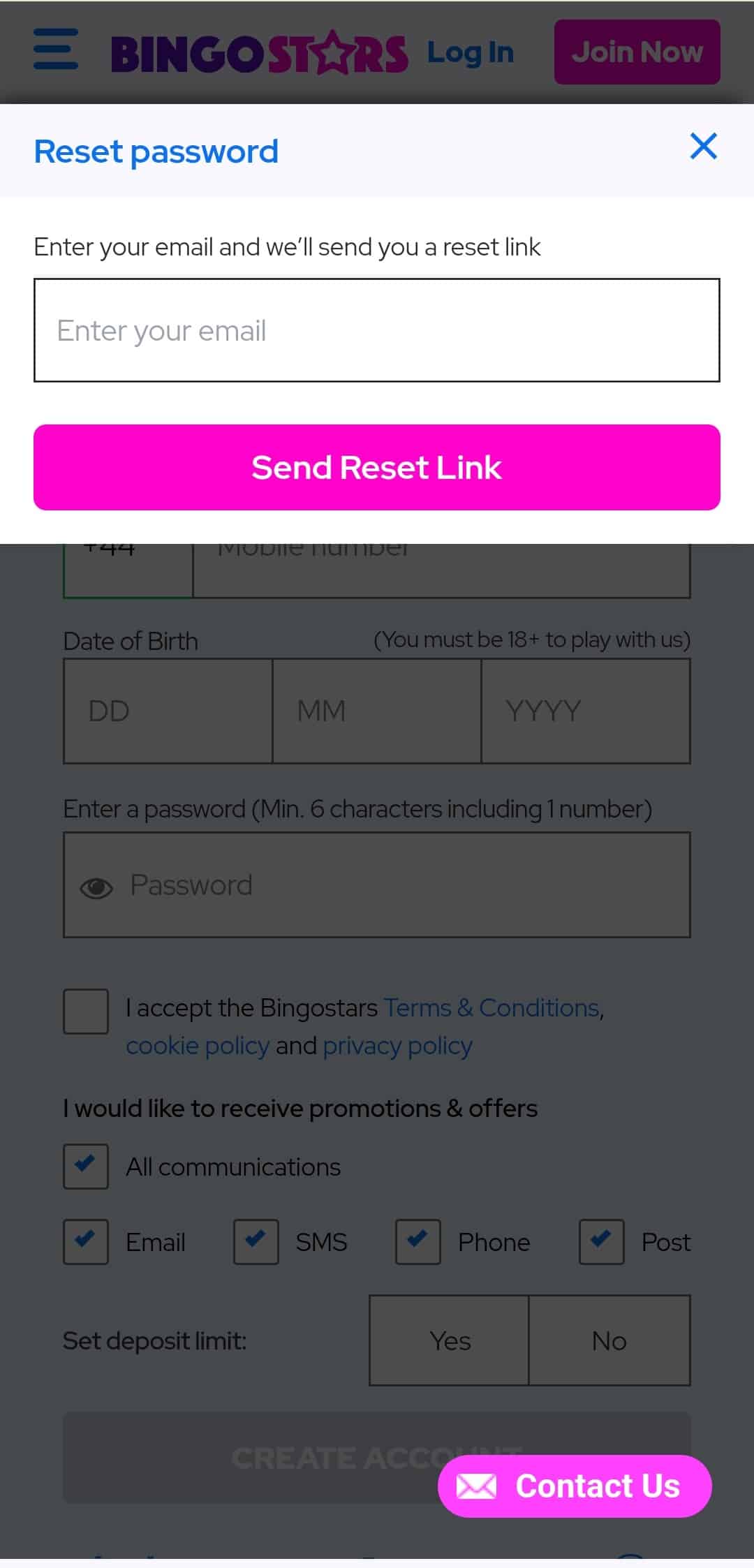 Bingo Stars Casino reset Password