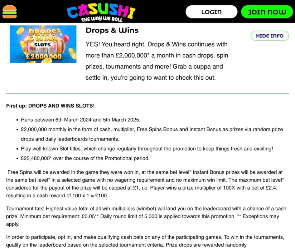 Casushi Drops & Wins Banner