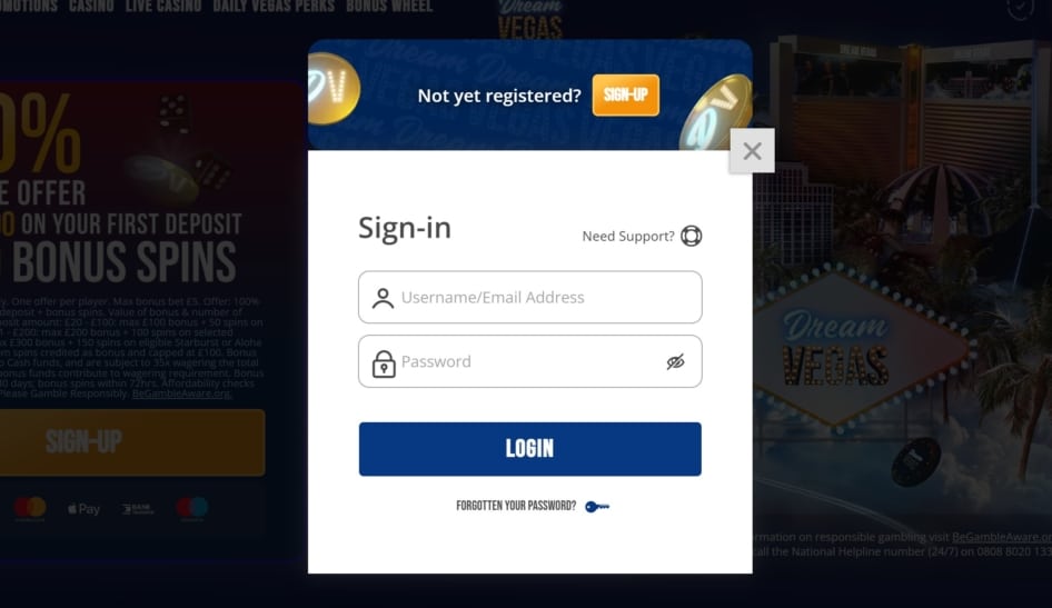 Login Details at DreamVegas
