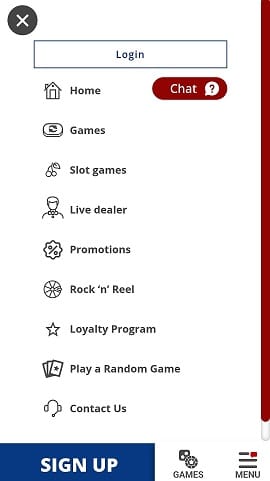 Barz Casino Mobile App Menu