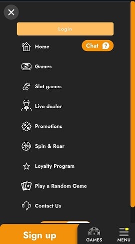 Mobile Menu at Casimba Casino