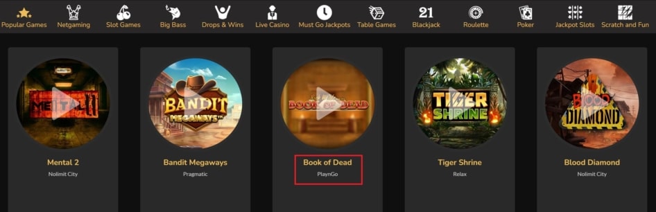 You can find the Book of Dead slot at the centre stage of Jackpot Village Casino's gaming offer