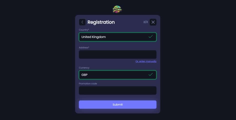 FInal Step of Funky Jackpot Registration