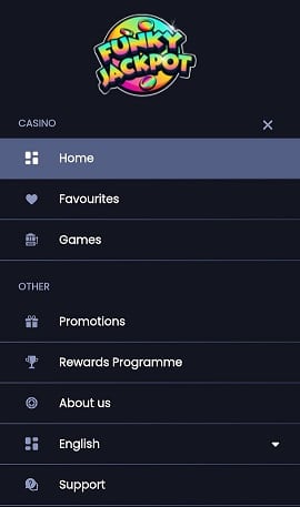 Mobile Menu at Funky Jackpot Casino
