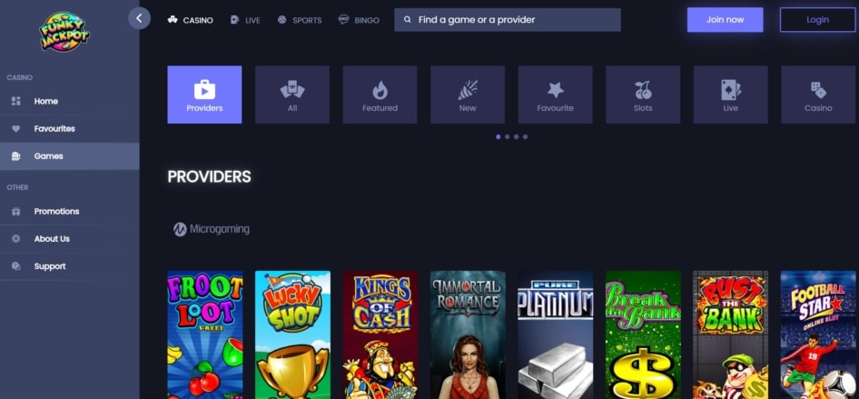 Funky Jackpot Casino Provider Filtering Options