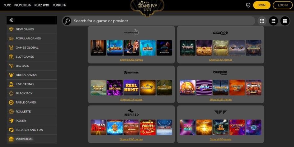 The Grand Ivy Casino Provider Filtering