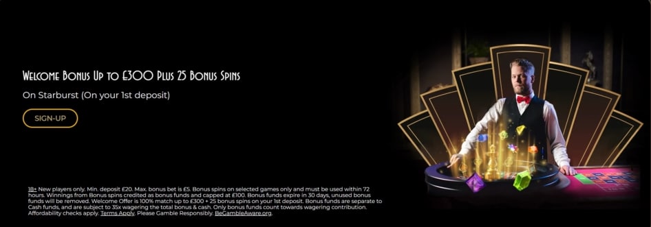 The Sign-Up Bonus at Grand Ivy Casino Brings You a 100% Boost of up to £300 + 25 bonus spins on Starburst