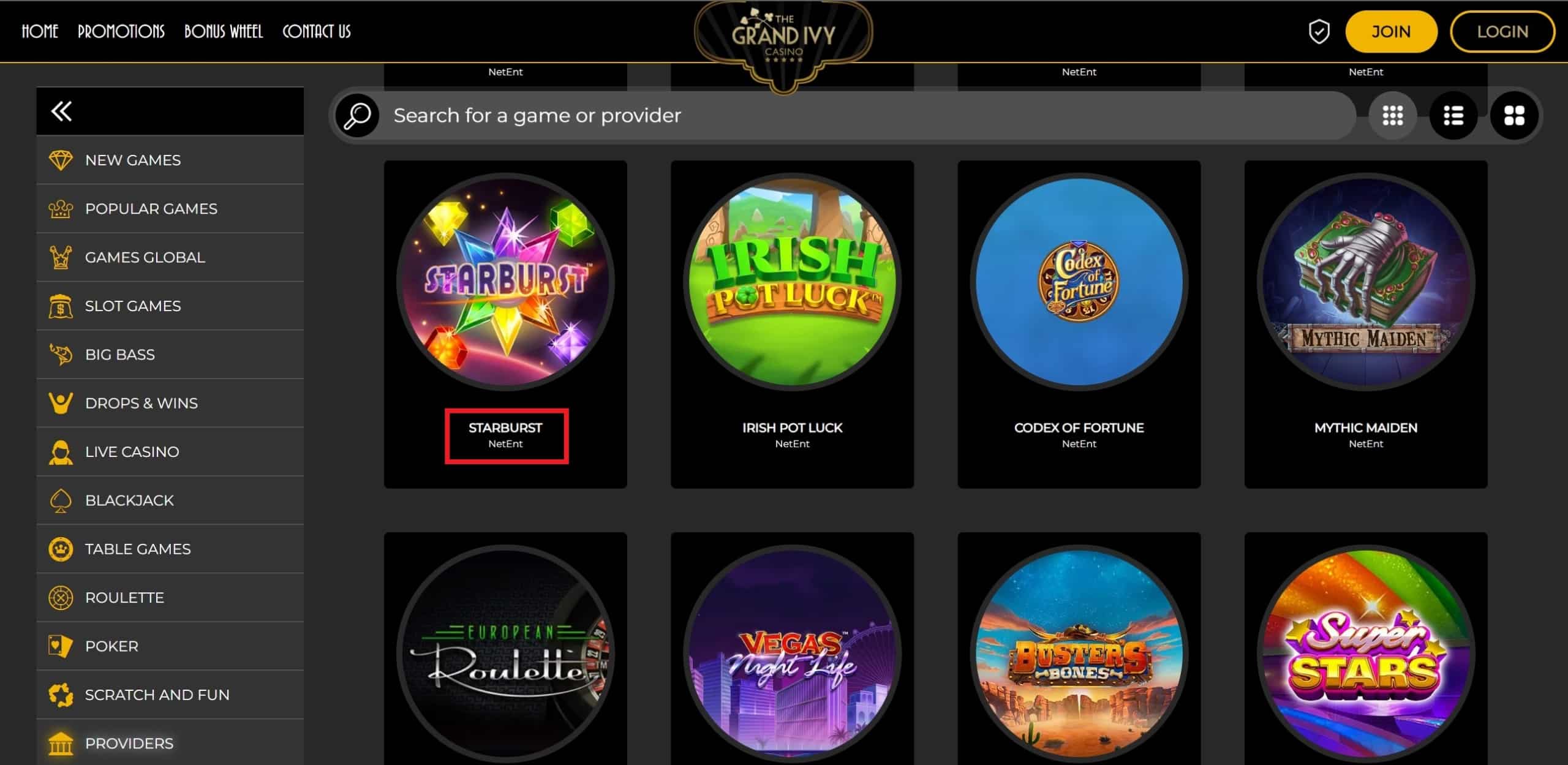 Starburst slot at The Grand Ivy Casino