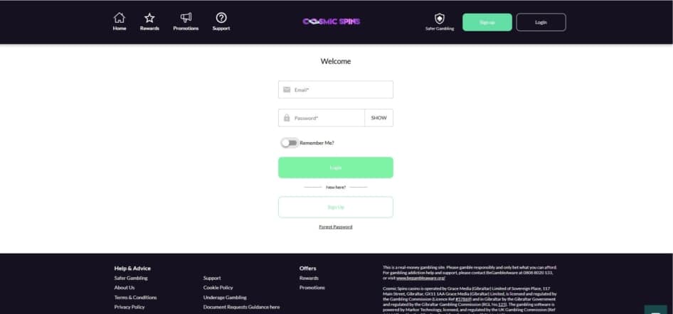 The Cosmic Spins login page