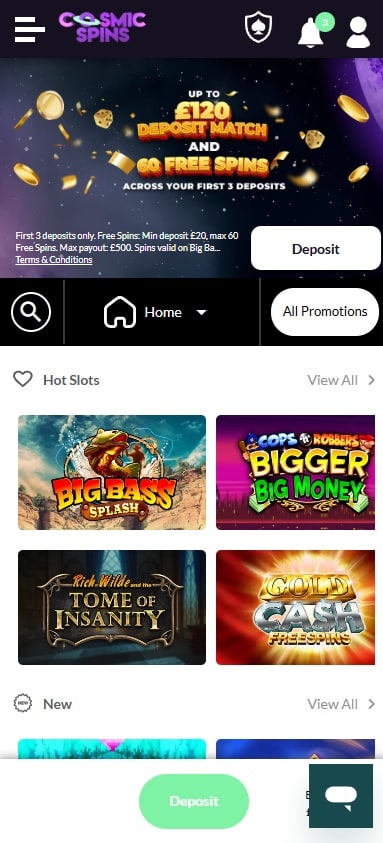 Cosmic Spins mobile homepage