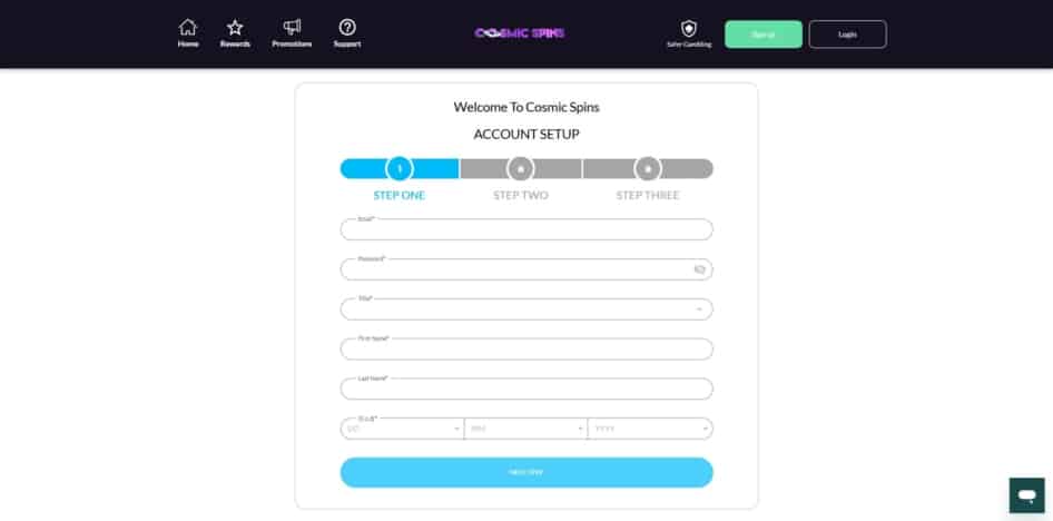 The first page of the Cosmic Spins sign up process