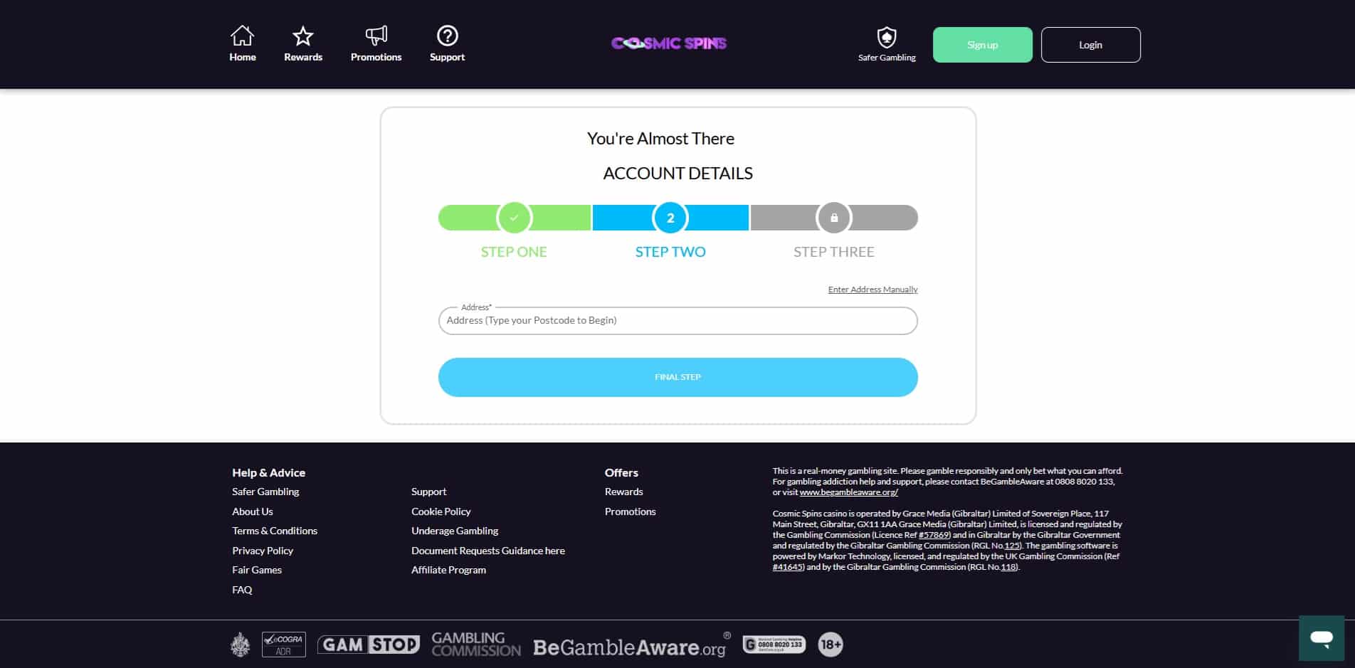 The second page of the Cosmic Spins sign up process