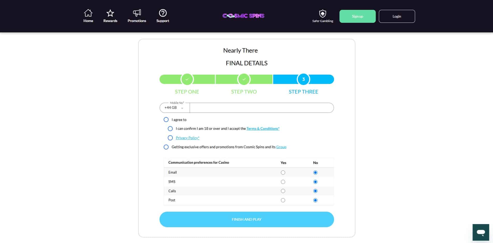 The final page of the Cosmic Spins sign up process