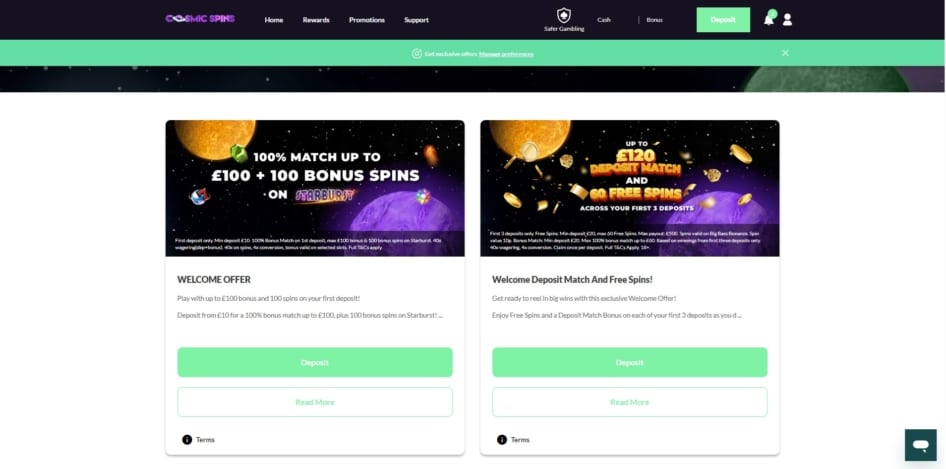 The two welcome bonuses at Cosmic Spins