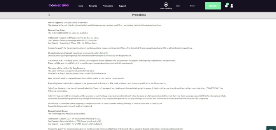 The terms for the second Cosmic Spins welcome bonus