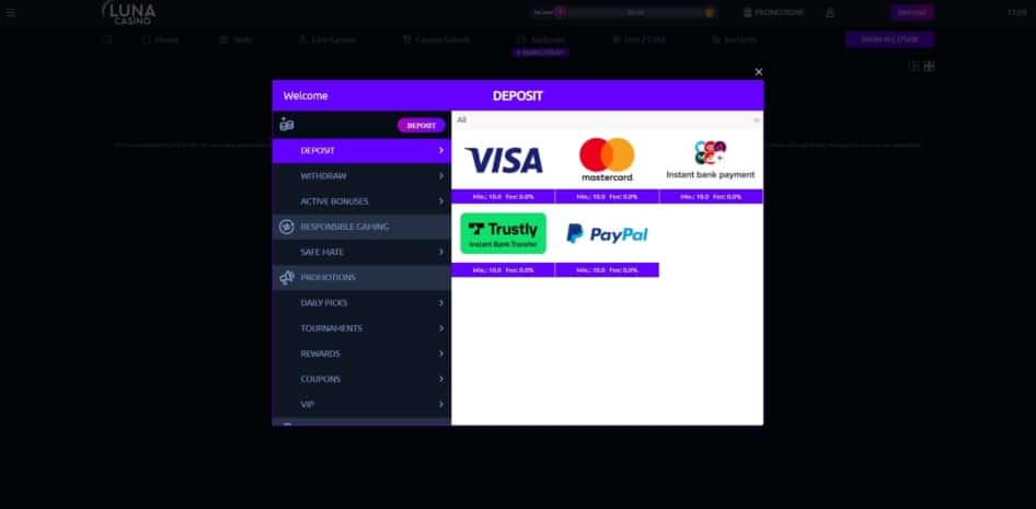 The deposit page at Luna Casino