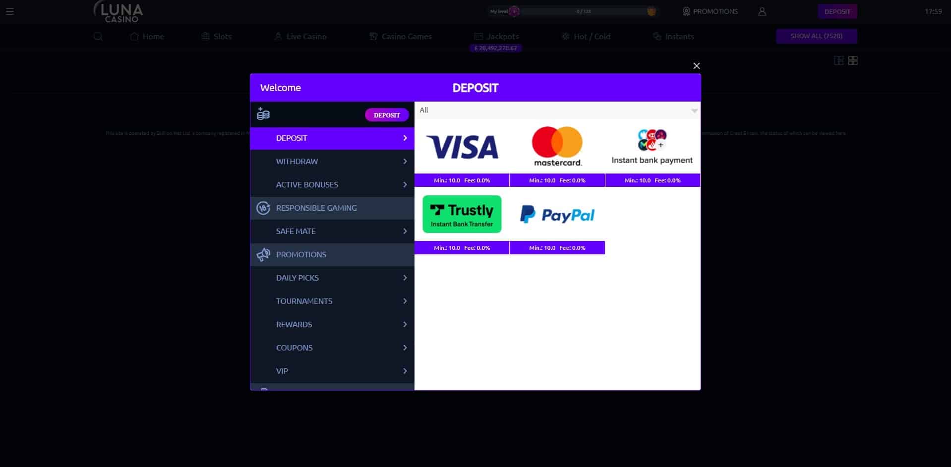 The deposit page at Luna Casino