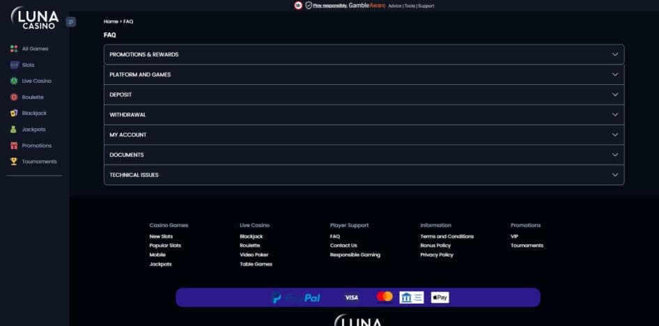 The Luna Casino FAQ page