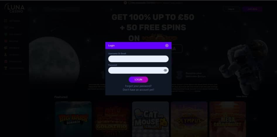 The Luna Casino log in page