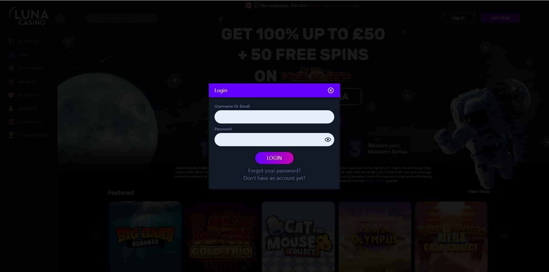 The Luna Casino log in page