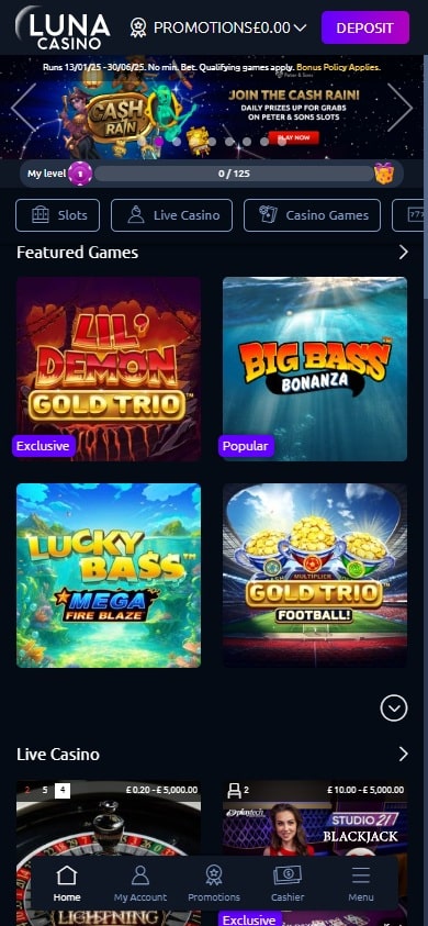 The Luna Casino mobile site homepage