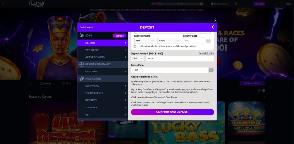 Making a Visa deposit using the promo code