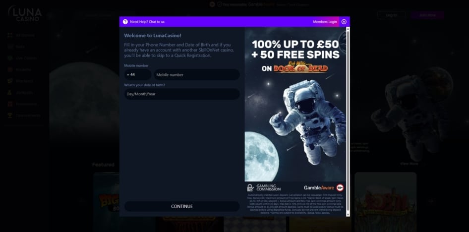 The first page of the Luna Casino sign up process