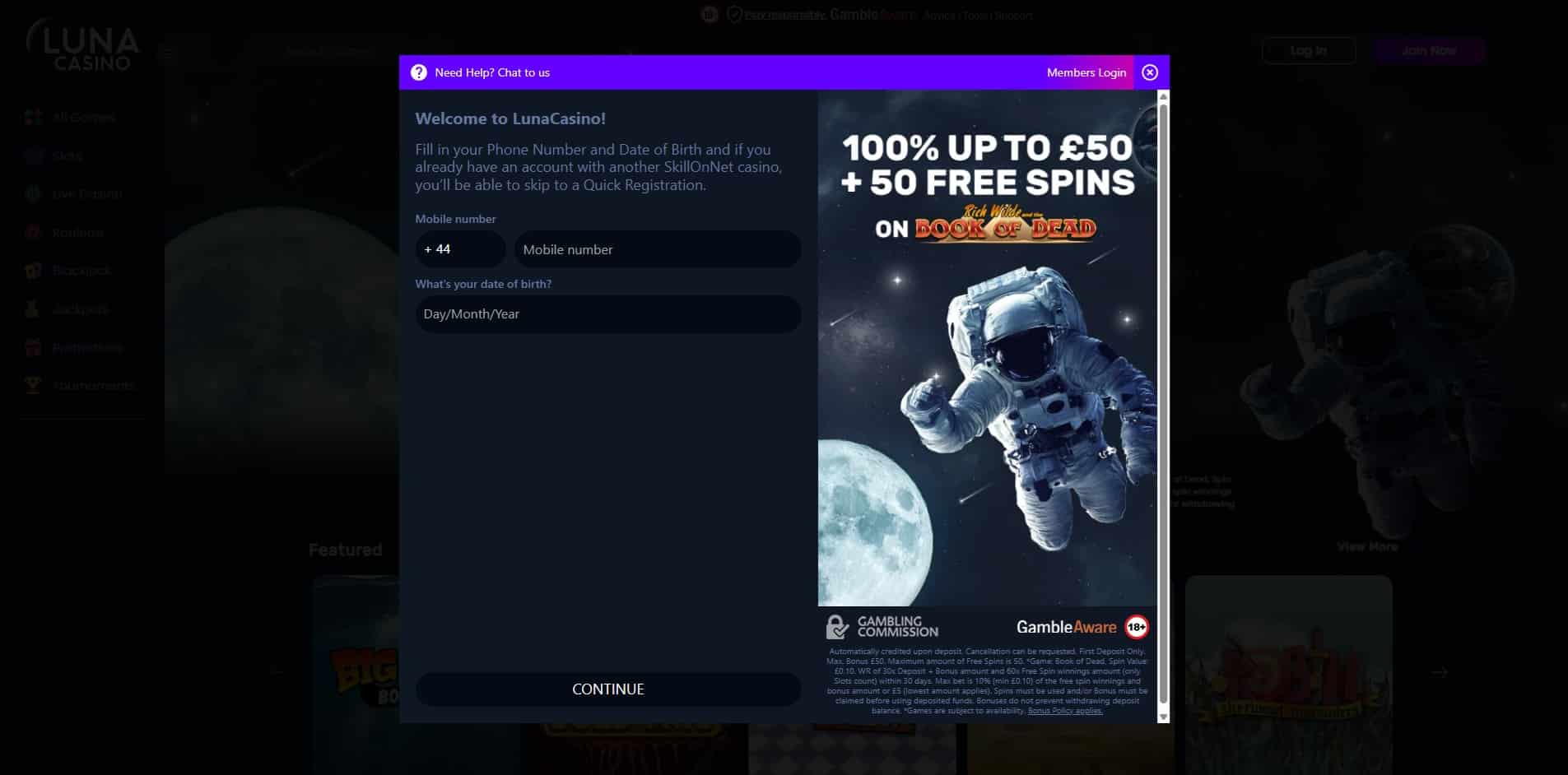 The first page of the Luna Caisno sign up process
