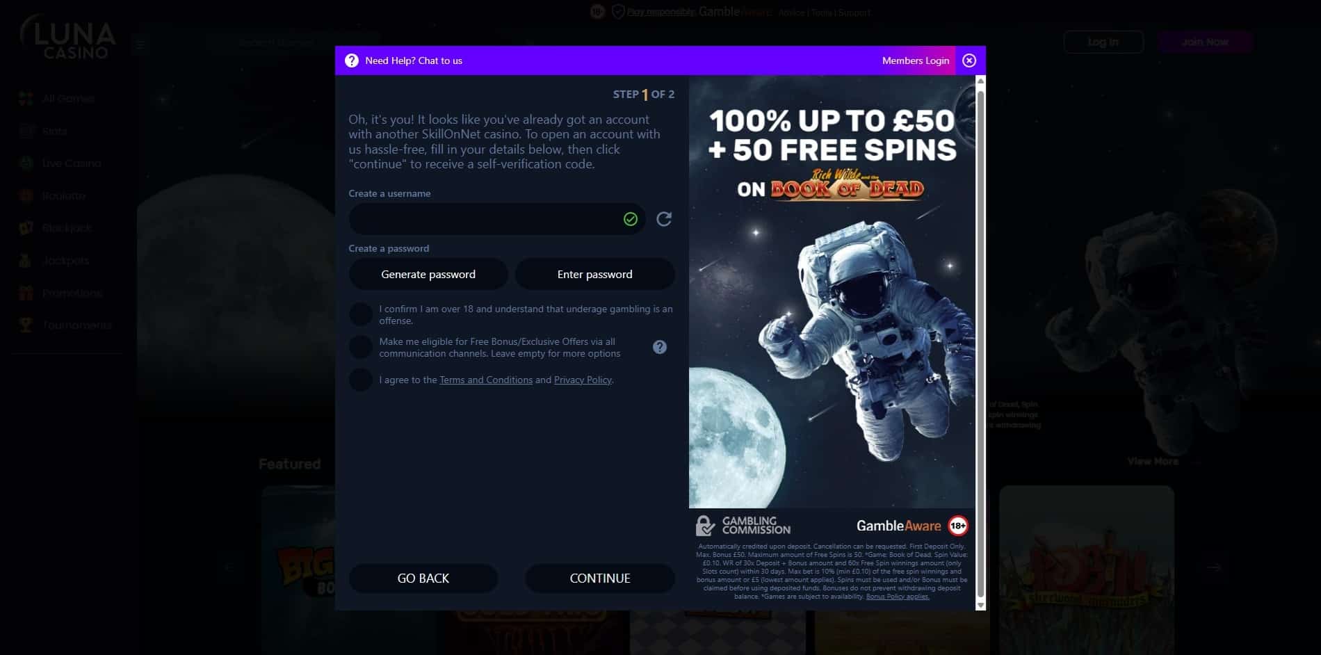 The second page of the Luna Casino sign up process