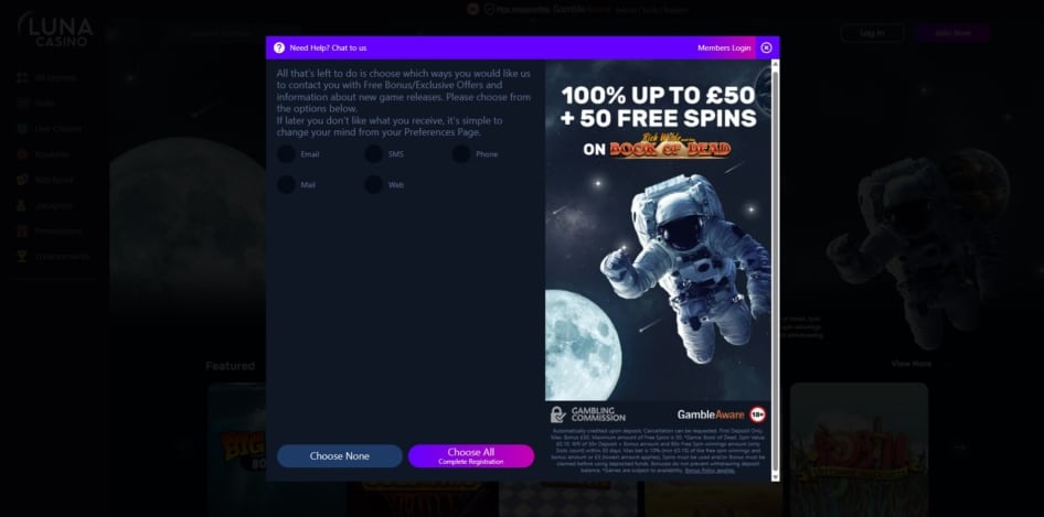 The final page of the Luna Casino sign up process