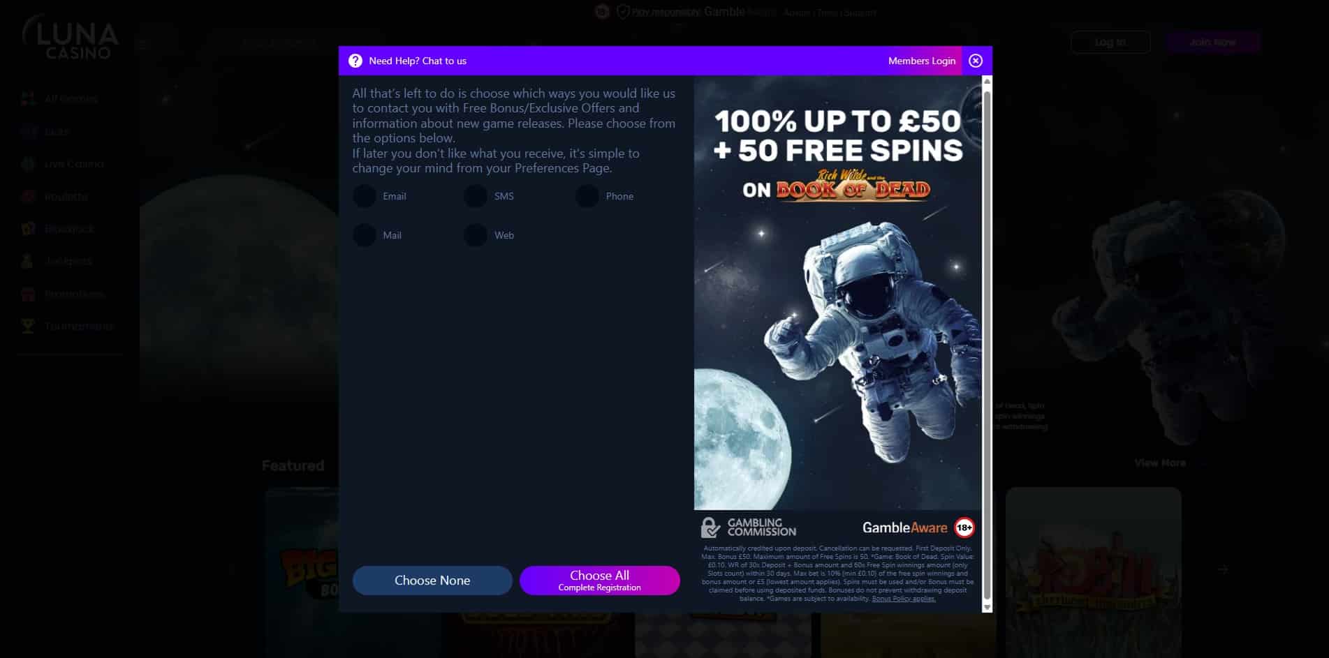 The third page of the Luna Casino sign up process