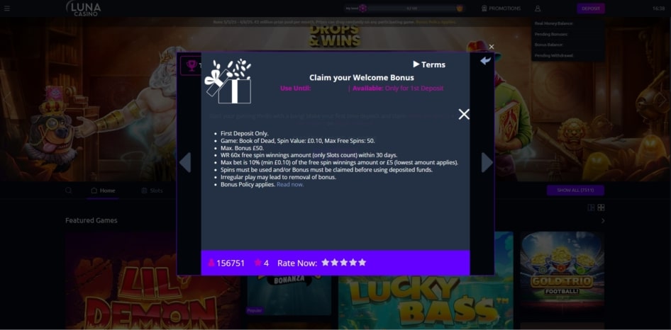 The Luna Casino welcome bonus