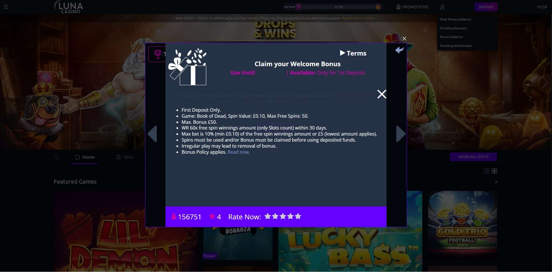 The Luna Casino welcome bonus