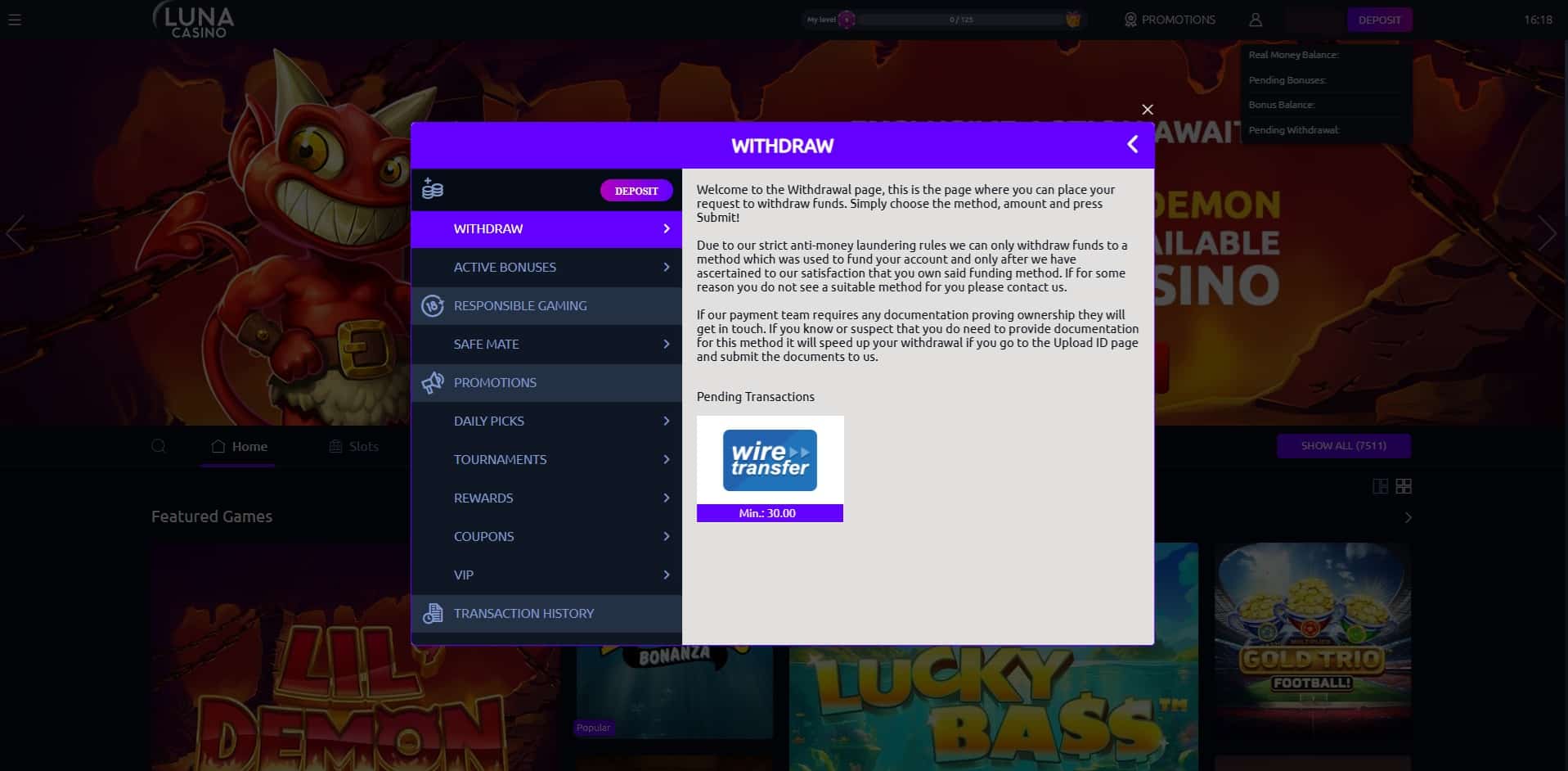 Luna Casino withdrawal page