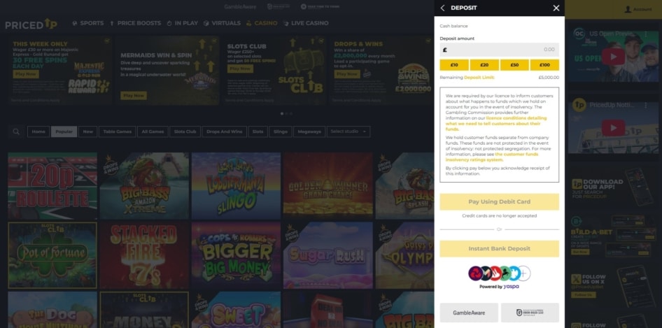 The deposit page at Priced Up Casino